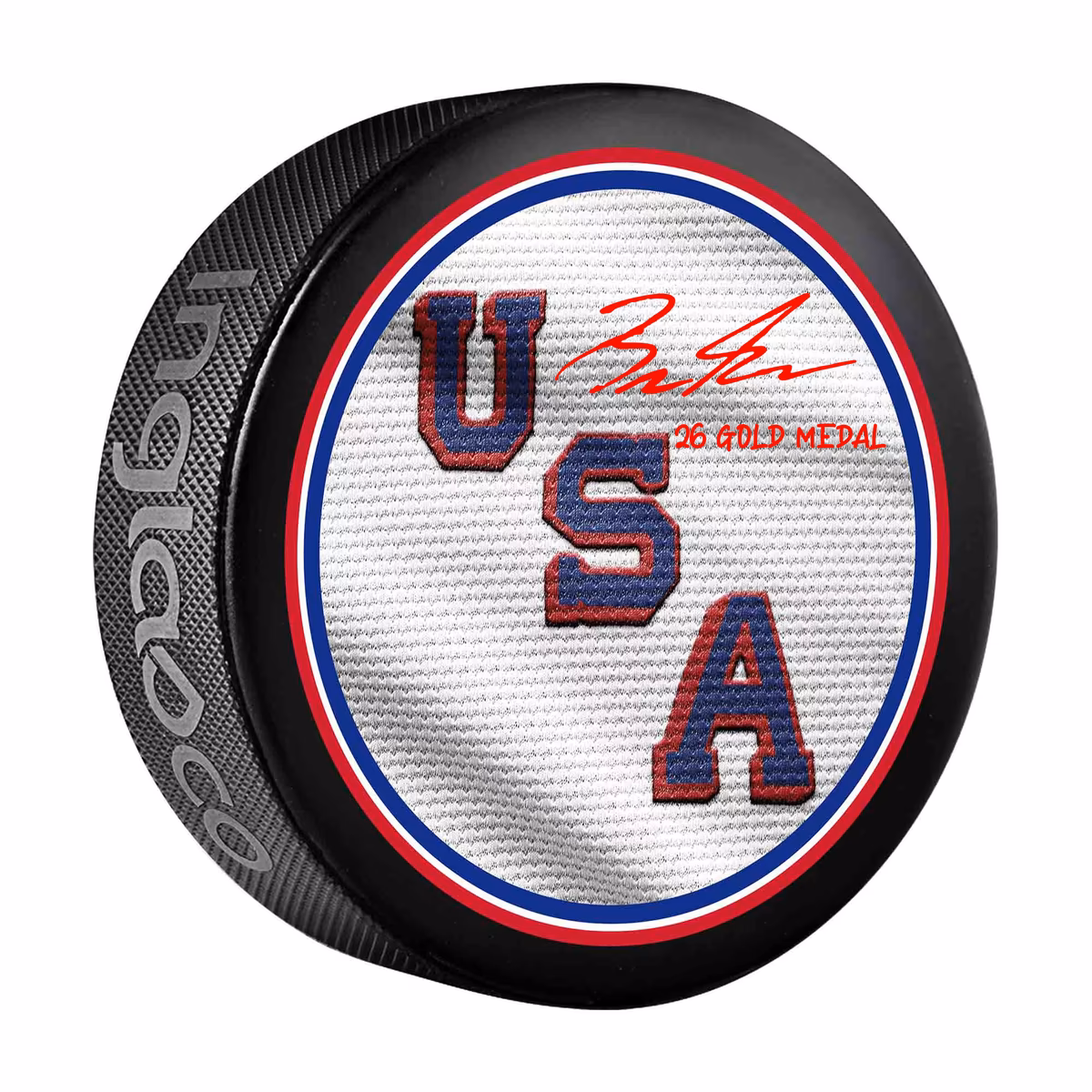 Brock Faber Team USA Autographed 2026 Winter Olympics Hockey Puck with "26 Gold Medal" Inscription