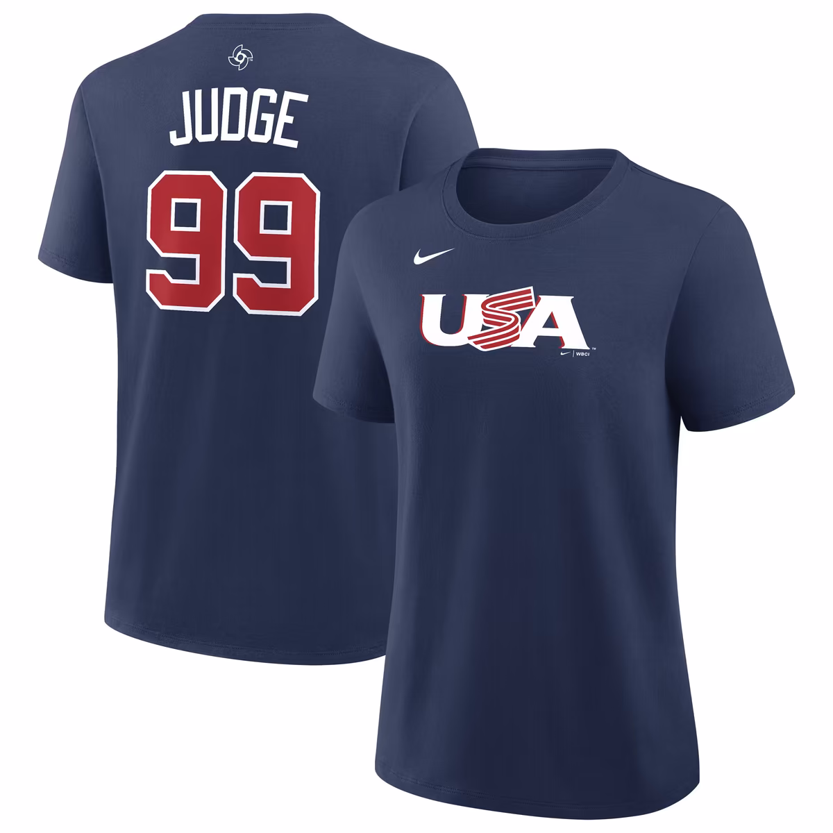 Women's Nike Aaron Judge Navy USA Baseball 2026 World Baseball Classic Name & Number T-Shirt