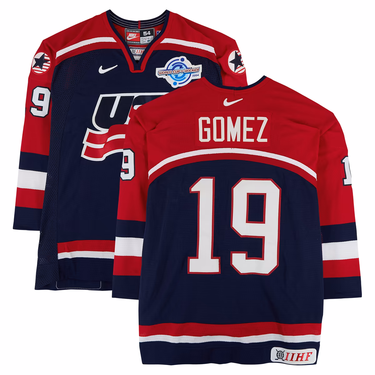 Scott Gomez Team USA Game-Used #19 Navy Nike Jersey vs. Team Slovakia on September 3 during the 2004 World Cup of Hockey