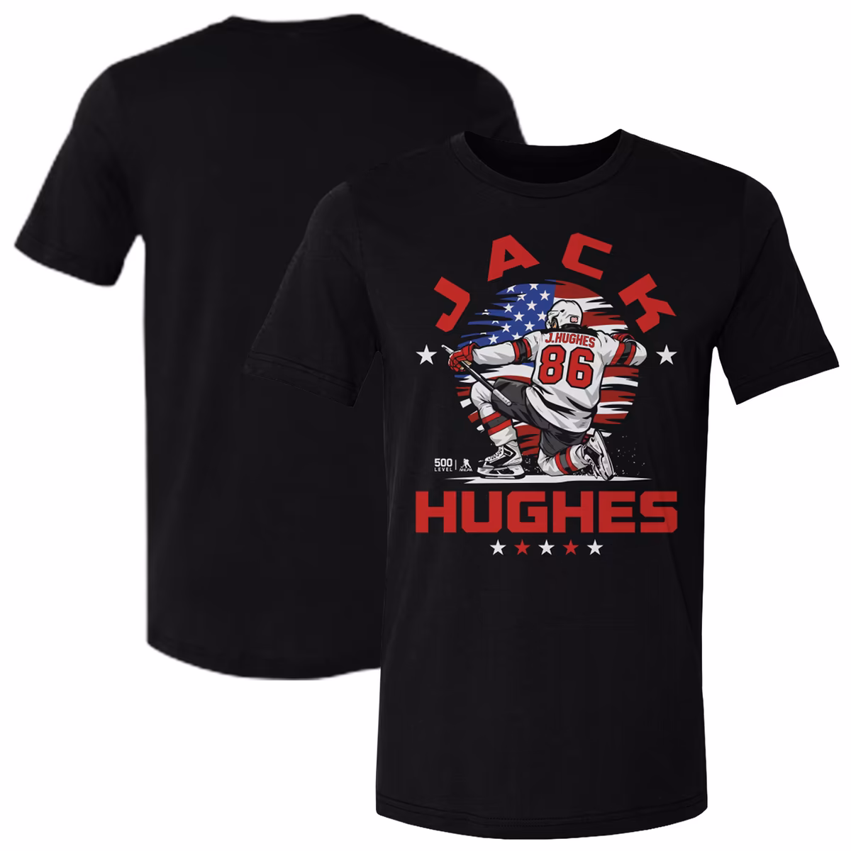 Men's 500 Level Jack Hughes Black US Men's Hockey Flag T-Shirt