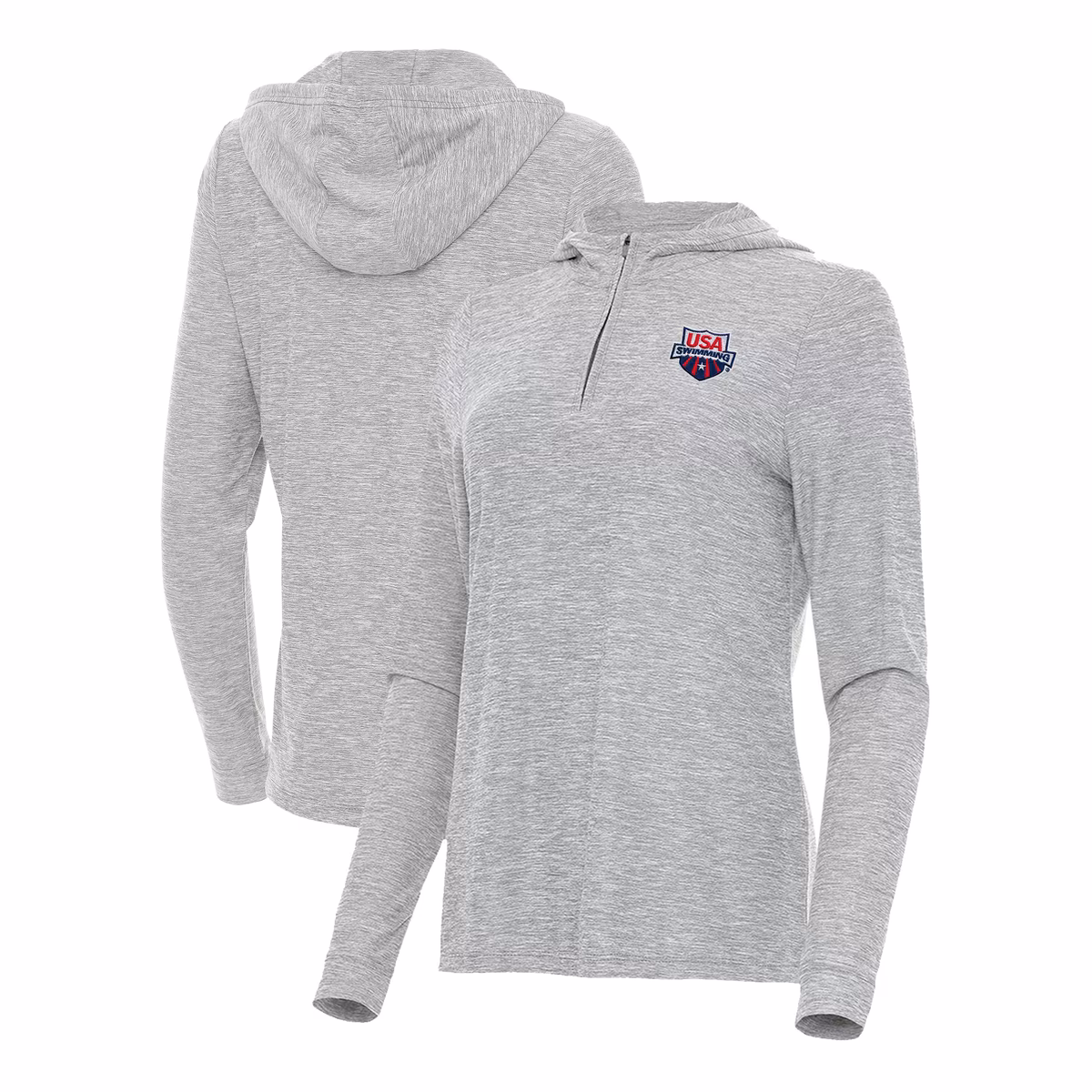 Women's Antigua  Heather Gray USA Swimming Daybreak Quarter-Zip Pullover Hoodie