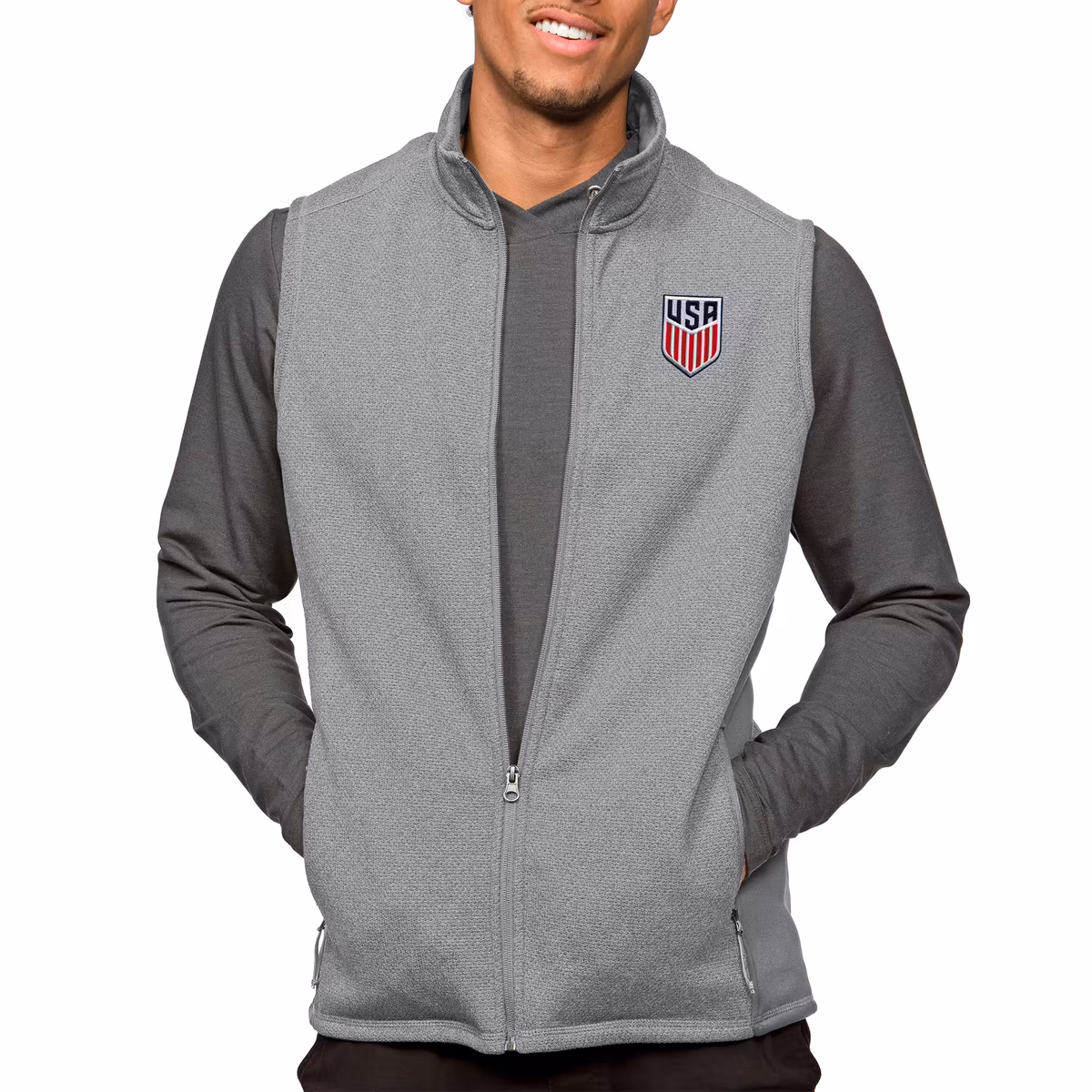 Men's Antigua Gray USMNT Course Full-Zip Vest 3 Men's Antigua Gray USMNT Course Full-Zip Vest