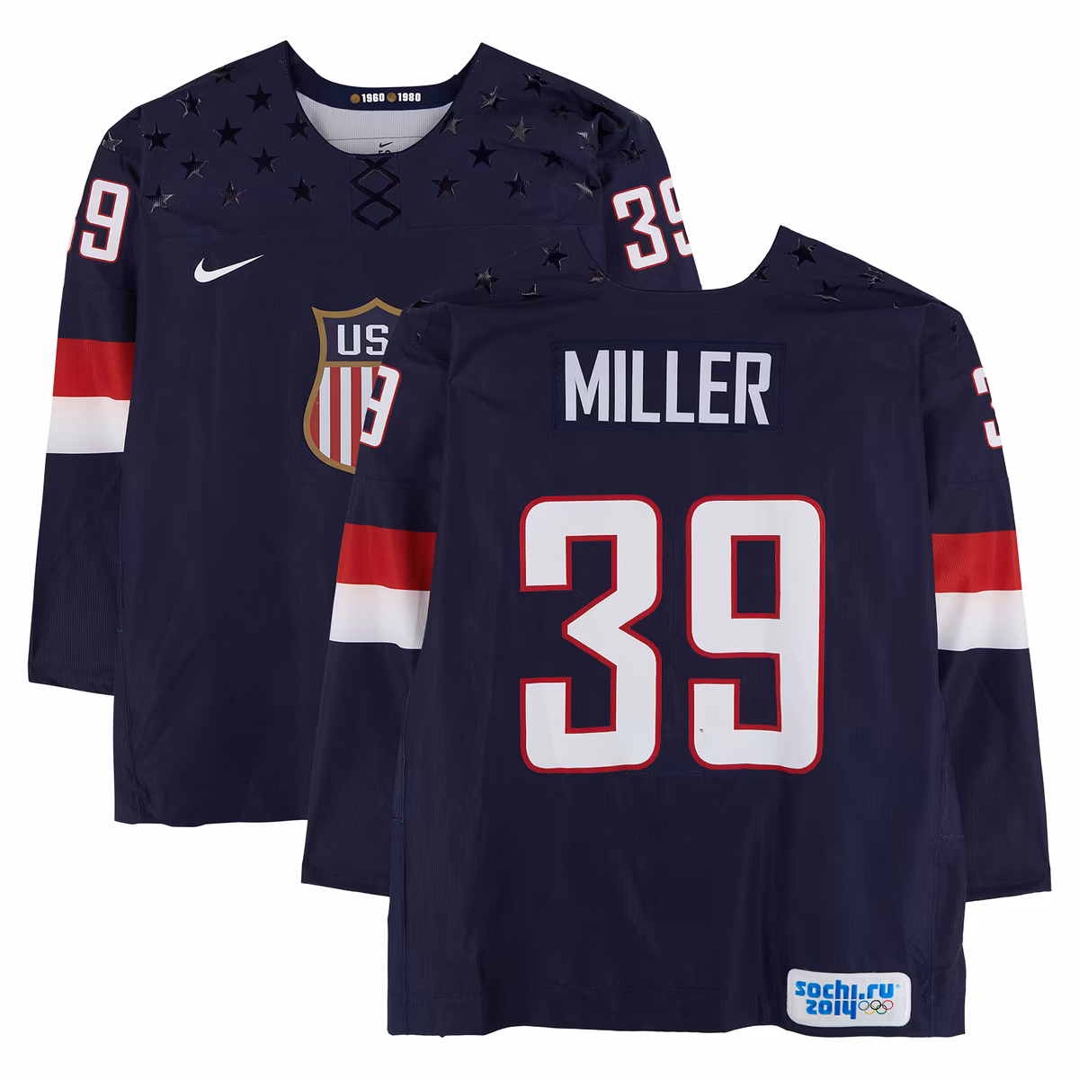 Ryan Miller Team USA Player-Worn #39 Navy Nike Jersey vs. Team Russia on February 15 during the 2014 Olympic Games - Worn During Warmups 1 Ryan Miller Team USA Player-Worn #39 Navy Nike Jersey vs. Team Russia on February 15 during the 2014 Olympic Games - Worn During Warmups