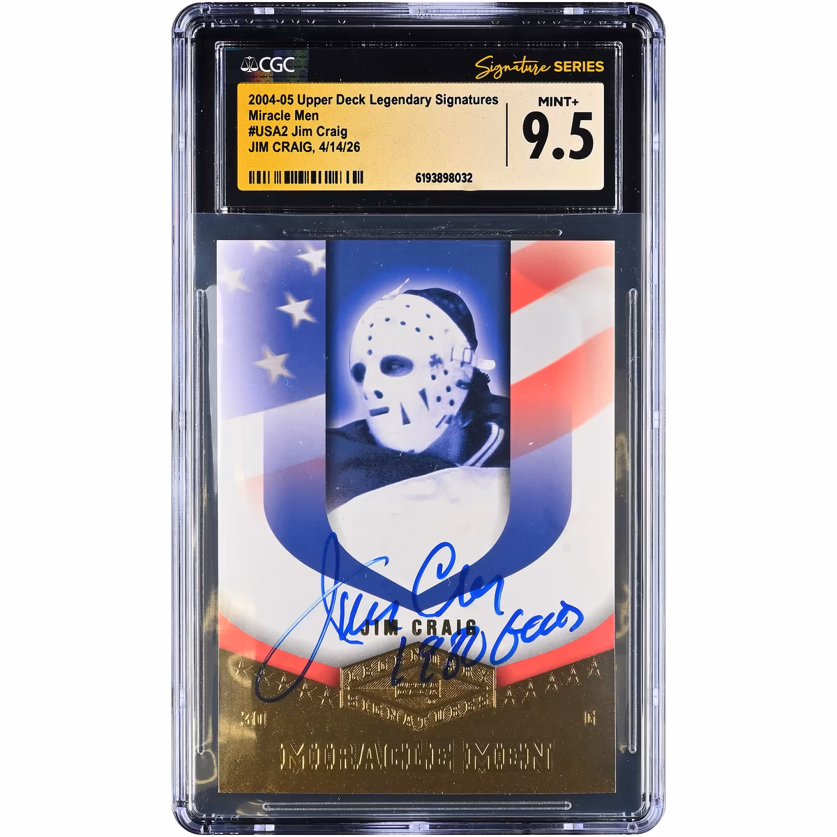 Jim Craig US Hockey Autographed 2004-05 Upper Deck Legendary Signatures #USA2 CGC Fanatics Witnessed Authenticated MINT+ 9.5 Card with "1980 Gold" Inscription