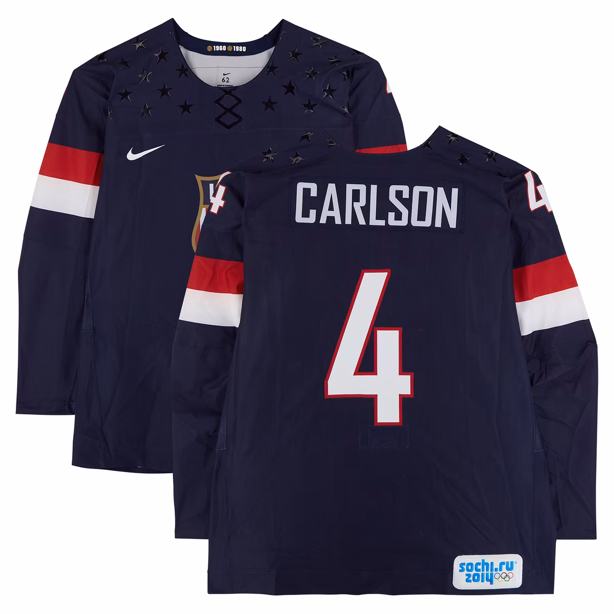 John Carlson Team USA Game-Used #4 Navy Nike Jersey vs. Team Russia on February 15 during the 2014 Olympic Games - Worn During the First Period 5 John Carlson Team USA Game-Used #4 Navy Nike Jersey vs. Team Russia on February 15 during the 2014 Olympic Games - Worn During the First Period