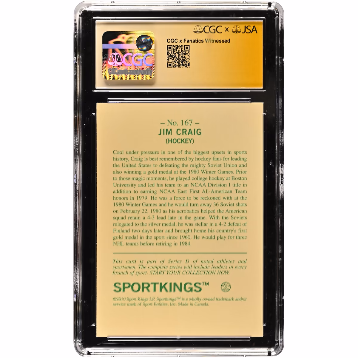 Jim Craig US Hockey Autographed 2010 Sportkings Series D #167 CGC Fanatics Witnessed Authenticated 9/10 Card 2 Jim Craig US Hockey Autographed 2010 Sportkings Series D #167 CGC Fanatics Witnessed Authenticated 9/10 Card