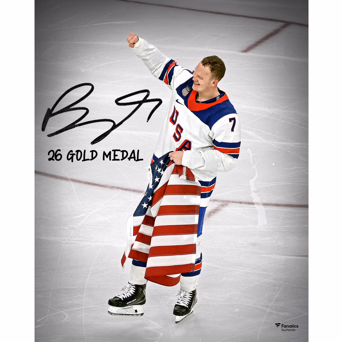 Brady Tkachuk Team USA Autographed 16" x 20" 2026 Winter Olympics Gold Medal Winner Photograph with "26 Gold Medal" Inscription