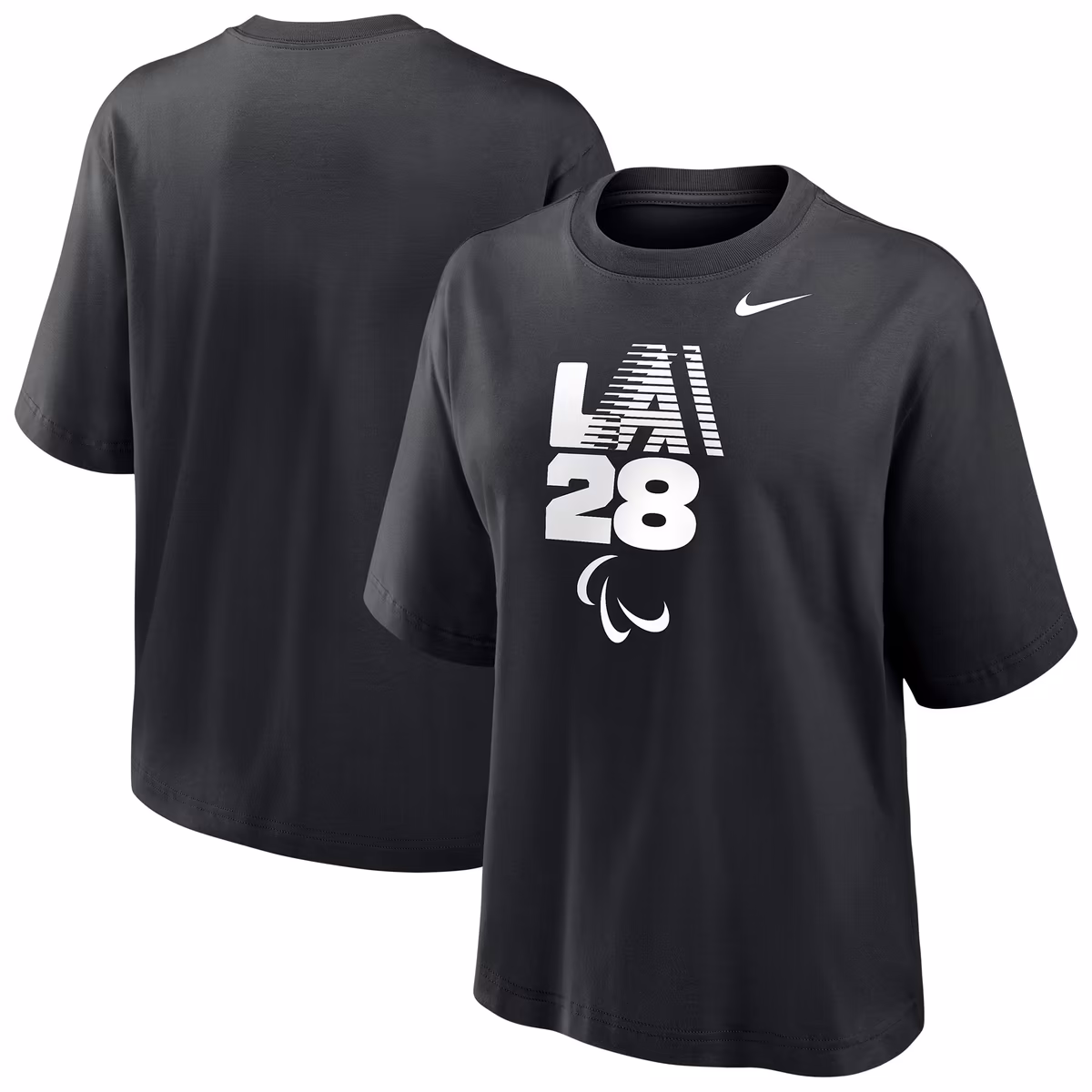 Women's Nike Black LA28 Summer Paralympics Retro Stripe Logo Boxy T-Shirt