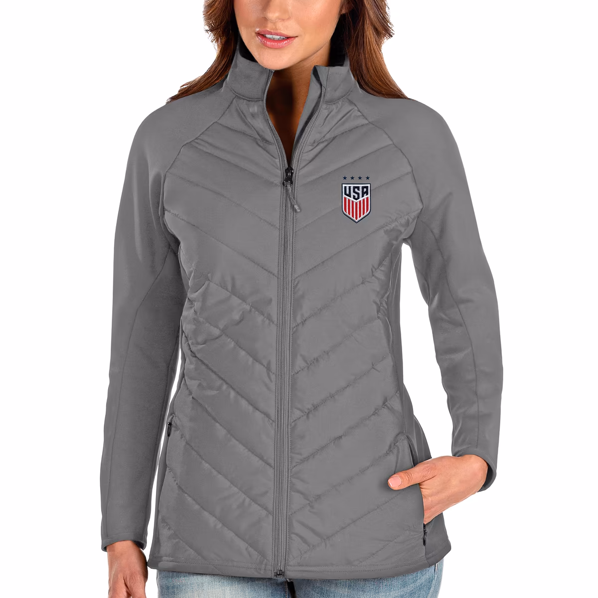 Women's Antigua Steel USWNT Altitude Quilted Full-Zip Jacket