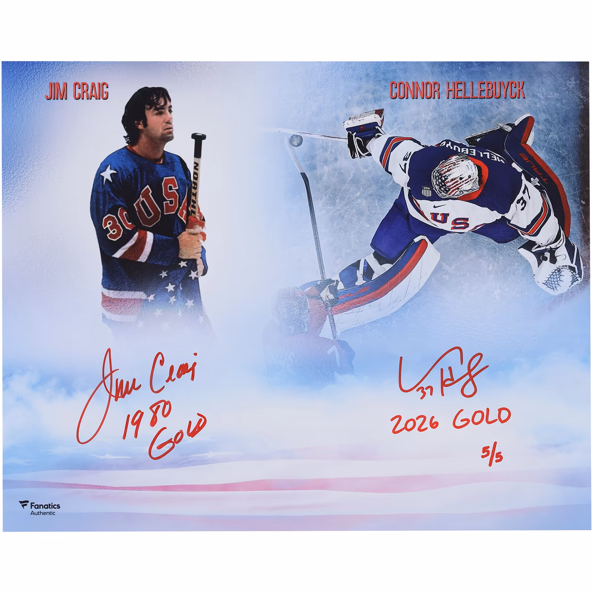 Connor Hellebuyck & Jim Craig Team USA Autographed 16" x 20" USA Stylized Photograph with Multiple Inscriptions - Limited Edition of 5 - Signed in Red