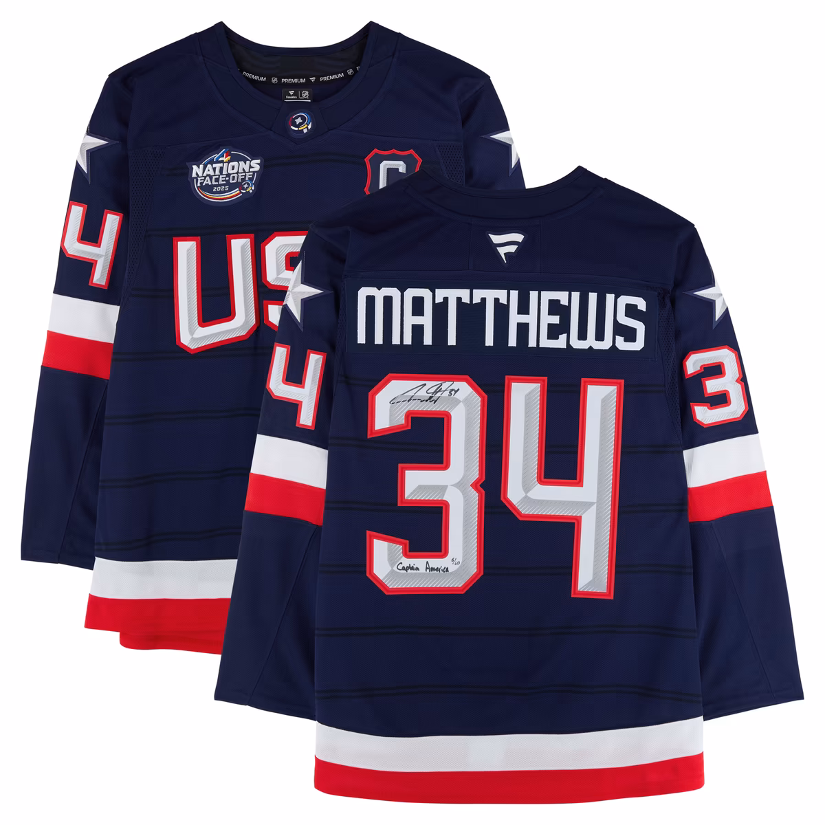 Auston Matthews USA Autographed Navy 4 Nations Face-Off Fanatics Premium Jersey with "Captain America" Inscription - Limited Edition of 10 5 Auston Matthews USA Autographed Navy 4 Nations Face-Off Fanatics Premium Jersey with "Captain America" Inscription - Limited Edition of 10