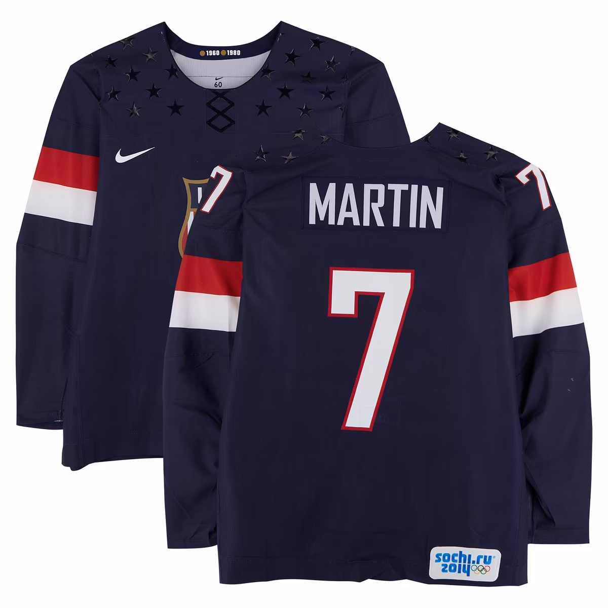 Paul Martin Team USA Game-Used #7 Navy Nike Jersey vs. Team Russia on February 15 during the 2014 Olympic Games - Worn During the First Period 6 Paul Martin Team USA Game-Used #7 Navy Nike Jersey vs. Team Russia on February 15 during the 2014 Olympic Games - Worn During the First Period