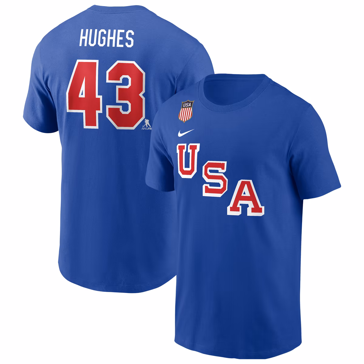 Men's Nike Quinn Hughes Royal US Hockey 2026 Name & Number T-Shirt