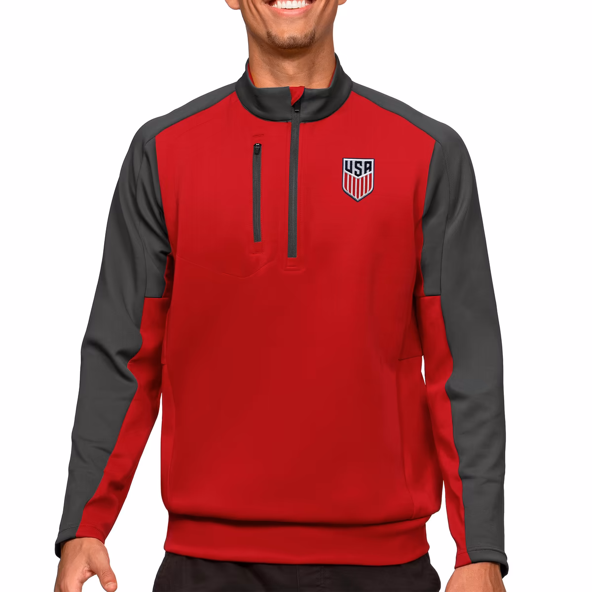Men's Antigua Red/Charcoal USMNT Team Quarter-Zip Pullover Top 7 Men's Antigua Red/Charcoal USMNT Team Quarter-Zip Pullover Top