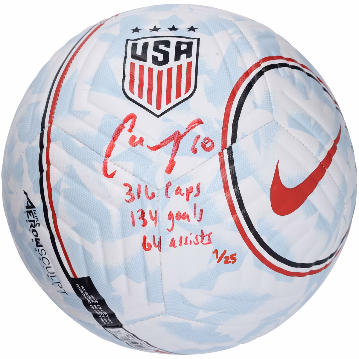 Carli Lloyd USWNT Autographed Nike USA Logo Soccer Ball with Multiple Inscriptions - Limited Edition #1/25 - Signed in Red