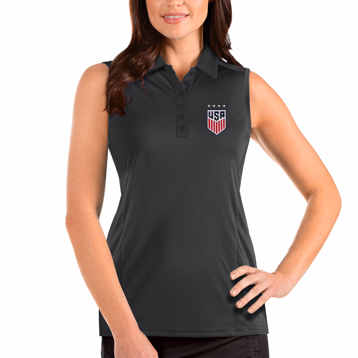 Women's Antigua Charcoal USWNT Tribute Sleeveless Polo 7 Women's Antigua Charcoal USWNT Tribute Sleeveless Polo