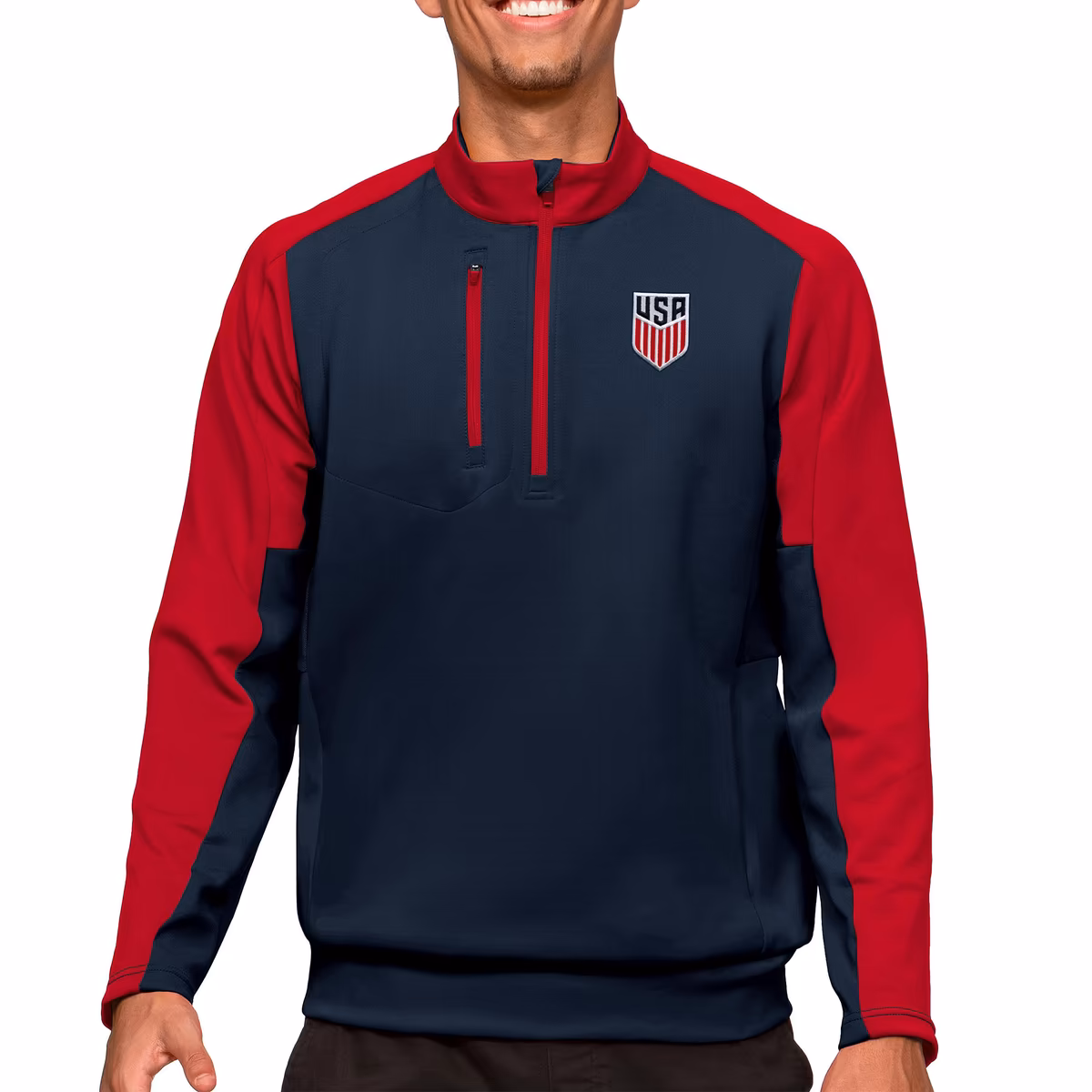 Men's Antigua Navy/Red USMNT Team Quarter-Zip Pullover Top