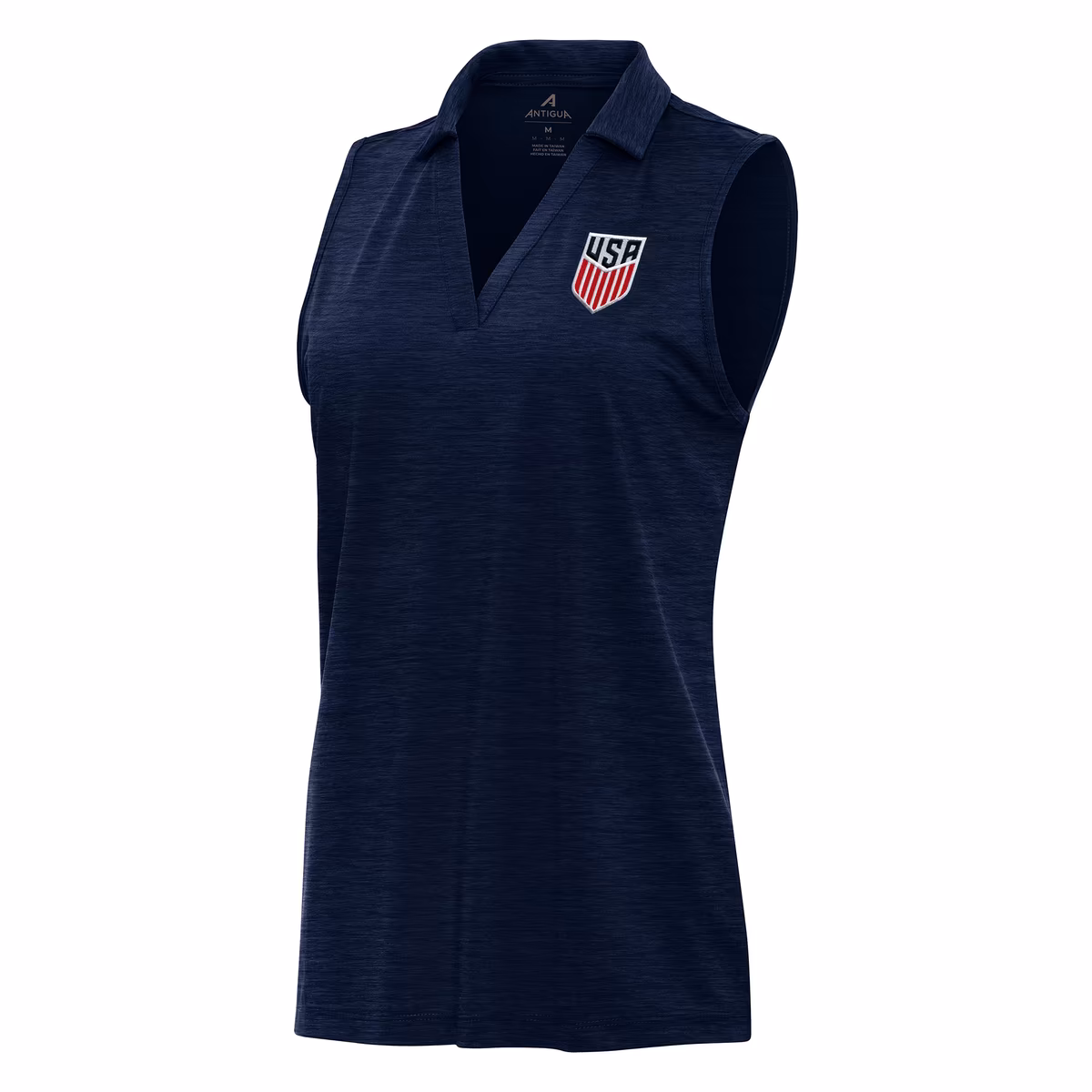 Women's Antigua Heather Navy USMNT Layout Sleeveless V-Neck Polo