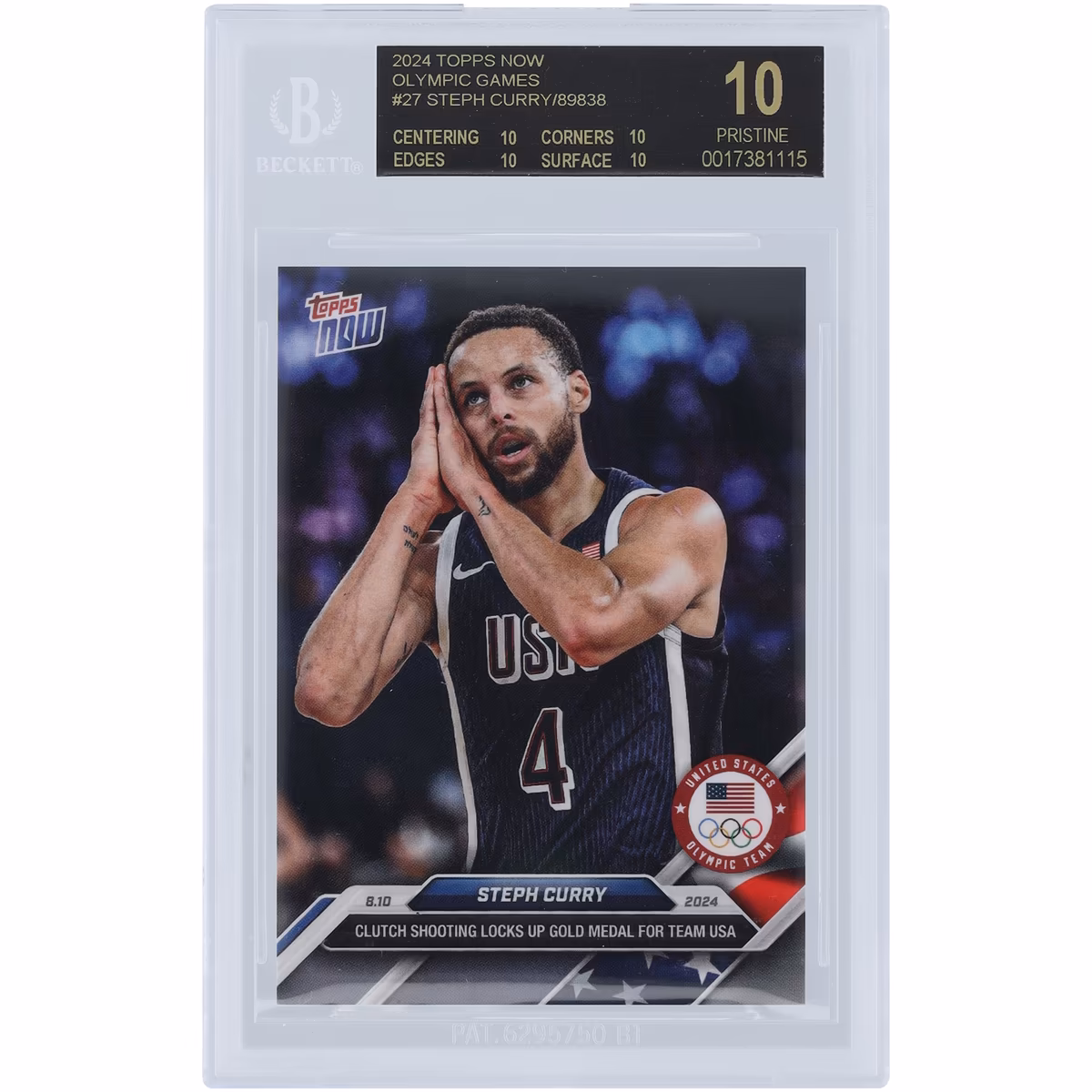Stephen Curry USA Basketball 2024 Topps Now Clutch Shooting Locks Up Gold #27 BGS Authenticated Black Label 10 Card