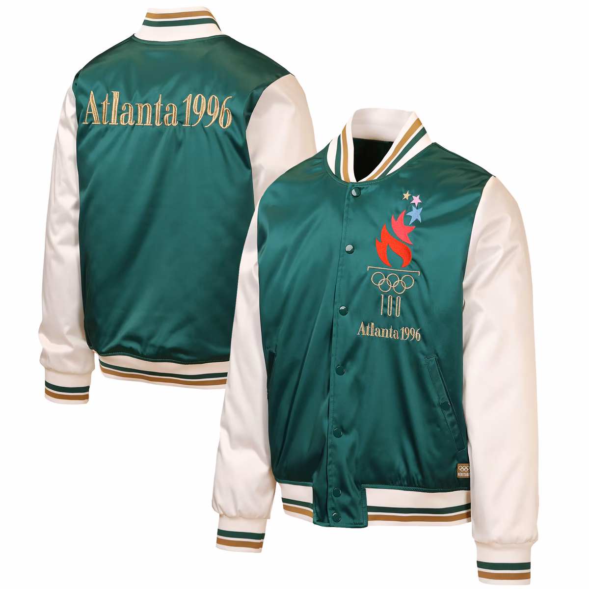 Men's Outerstuff Green/Cream Atlanta 1996 Summer Olympics Full-Snap Satin Bomber Jacket