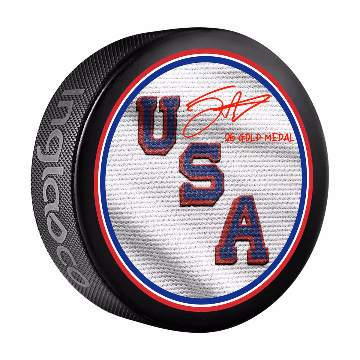 Jack Eichel Team USA Autographed 2026 Winter Olympics Hockey Puck with "26 Gold Medal" Inscription 1 Jack Eichel Team USA Autographed 2026 Winter Olympics Hockey Puck with "26 Gold Medal" Inscription