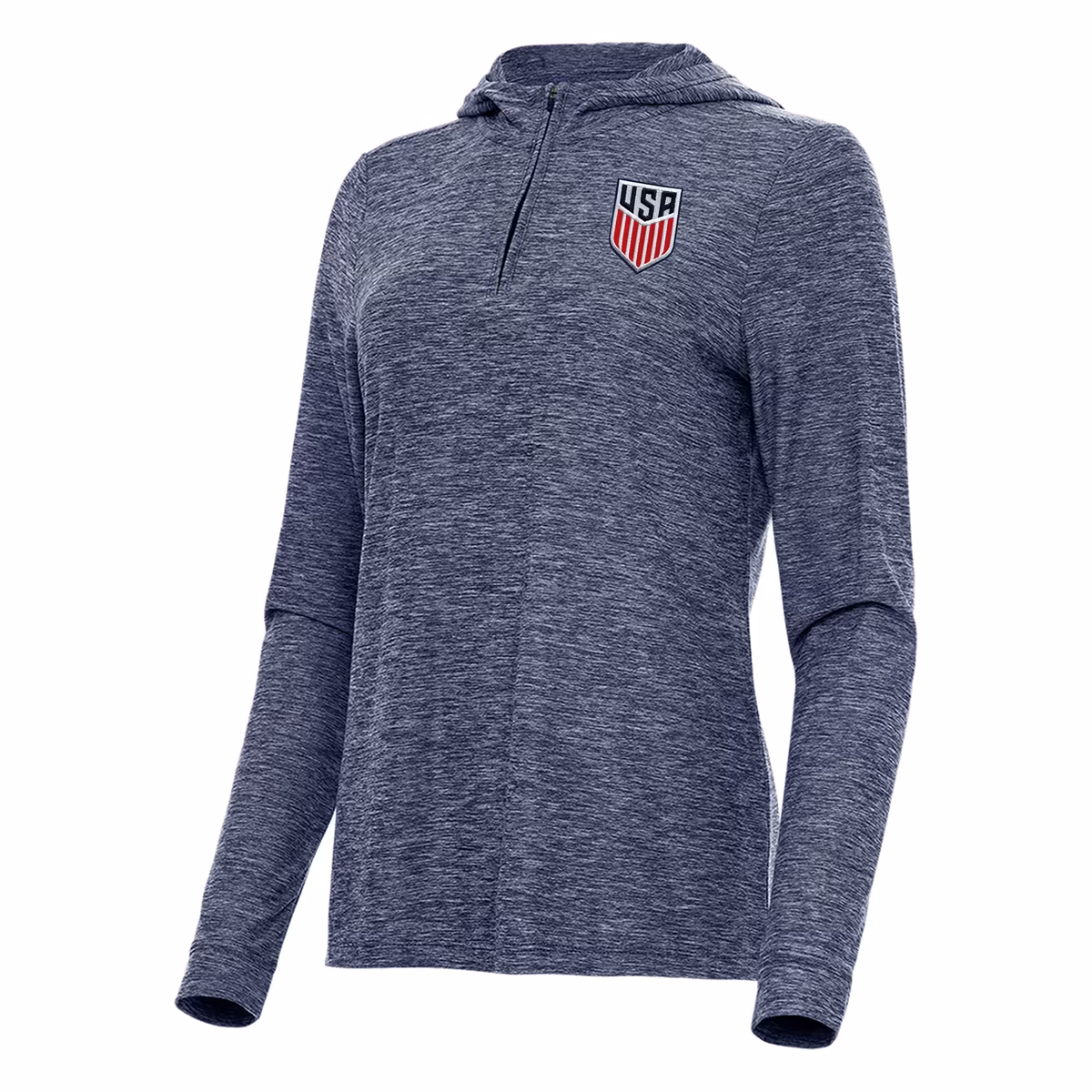 Women's Antigua Heather Navy USMNT Daybreak Quarter-Zip Hoodie