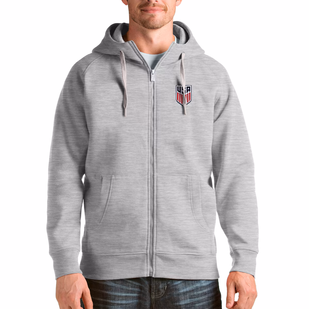 Men's Antigua Gray USMNT Victory Full-Zip Hoodie 1 Men's Antigua Gray USMNT Victory Full-Zip Hoodie