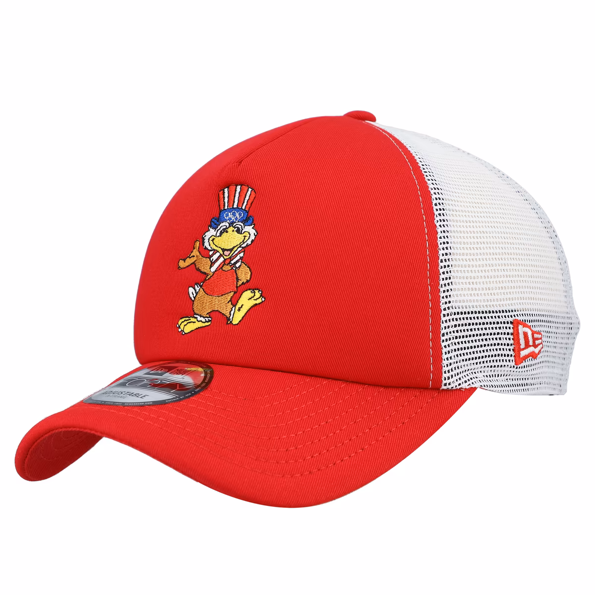 Men's New Era Red The Heritage Collection Los Angeles 1984 Olympic Games Sam the Eagle A-Frame Foam 9FORTY Trucker Adjustable Hat 1 Men's New Era Red The Heritage Collection Los Angeles 1984 Olympic Games Sam the Eagle A-Frame Foam 9FORTY Trucker Adjustable Hat