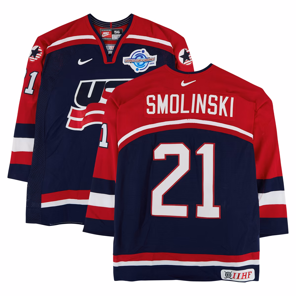 Bryan Smolinski Team USA Game-Used #21 Navy Nike Jersey vs. Team Slovakia on September 3 during the 2004 World Cup of Hockey