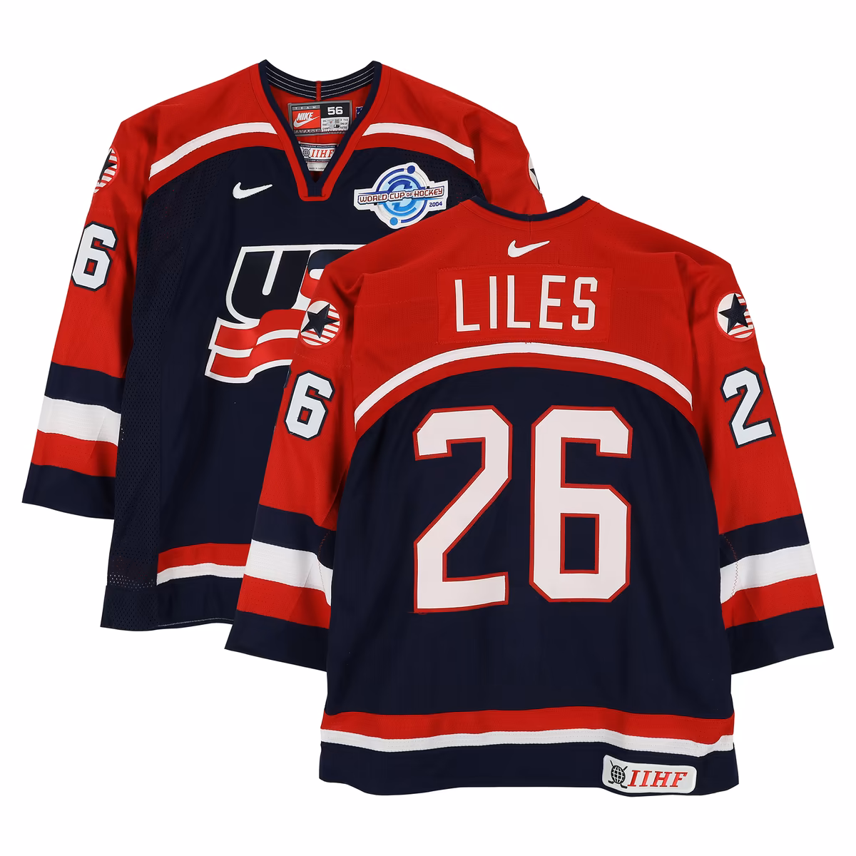 John-Michael Liles Team USA Game-Used #26 Navy Nike Jersey vs. Team Slovakia on September 3 during the 2004 World Cup of Hockey
