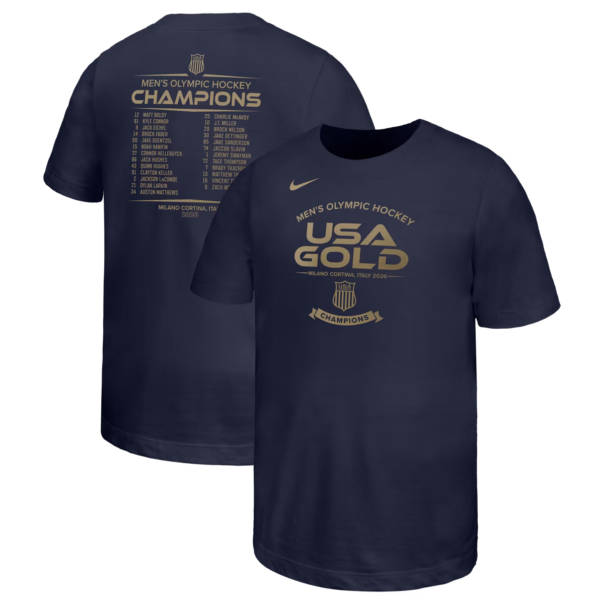 Youth Nike Navy USA Men's Hockey 2026 Winter Olympics Gold Medal Roster Core T-Shirt