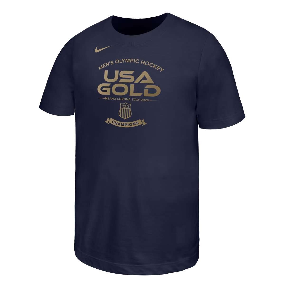 Youth Nike Navy USA Men's Hockey 2026 Winter Olympics Gold Medal Roster Core T-Shirt