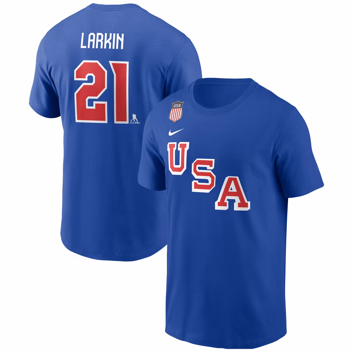 Men's Nike Dylan Larkin Royal USA Hockey 2026 Name & Number T-Shirt 2 Men's Nike Dylan Larkin Royal USA Hockey 2026 Name & Number T-Shirt