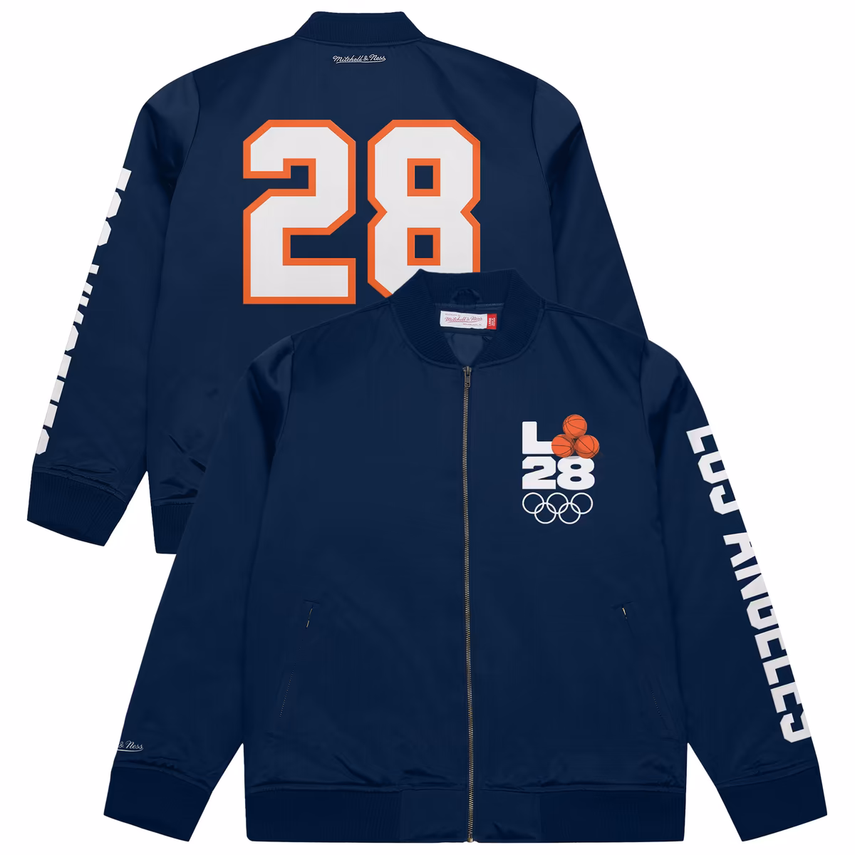 Men's Mitchell & Ness Navy LA28 x NBA All-Star Game Satin Bomber Full-Zip Jacket 6 Men's Mitchell & Ness Navy LA28 x NBA All-Star Game Satin Bomber Full-Zip Jacket