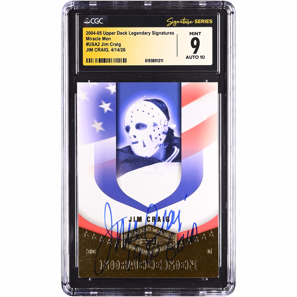 Jim Craig US Hockey Autographed 2004-05 Upper Deck Legendary Signatures #USA2 CGC Fanatics Witnessed Authenticated 9/10 Card with "1980 Gold" Inscription