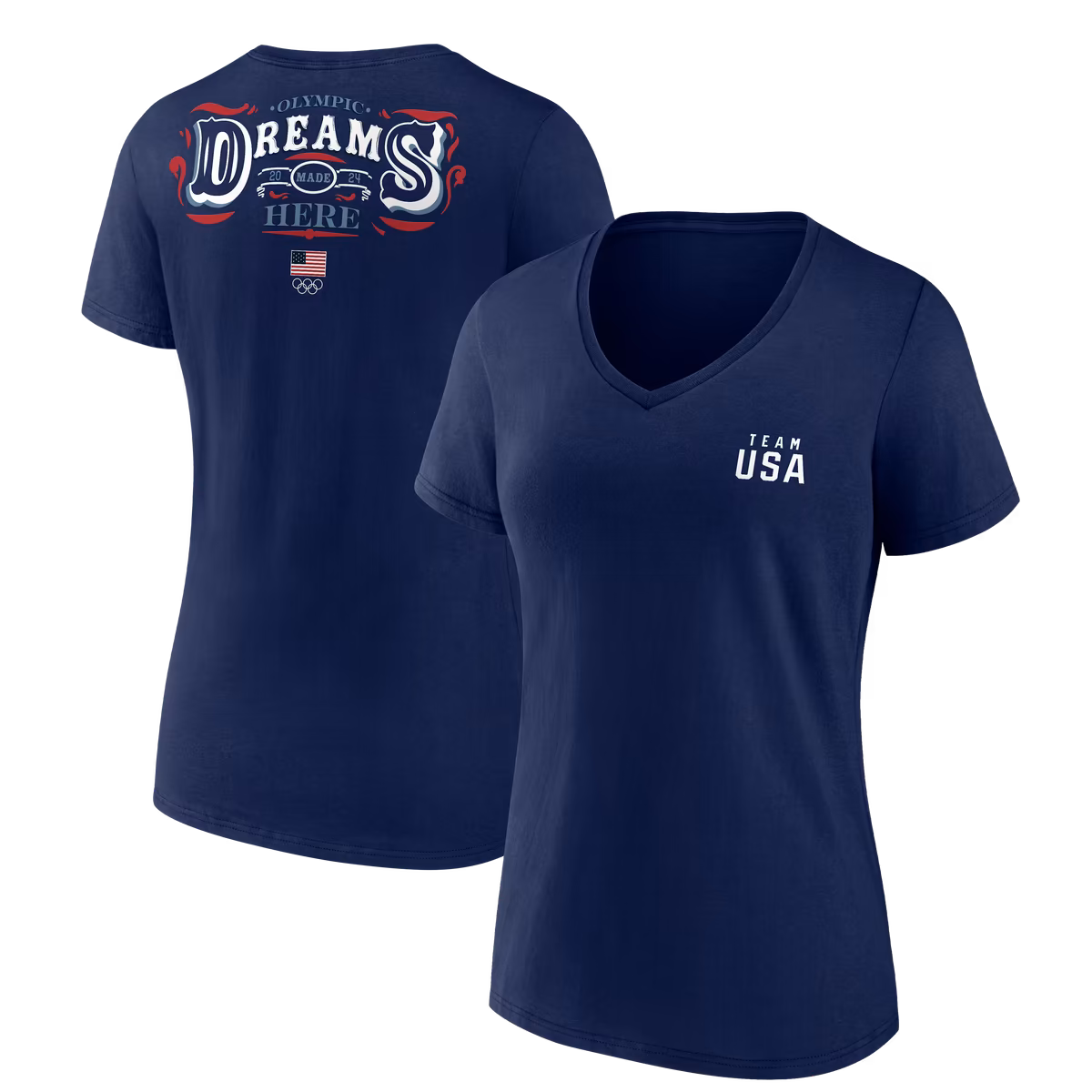 Women's Fanatics Navy Team USA Paris 2024 Summer Olympics Dreams Are Made Here V-Neck T-Shirt