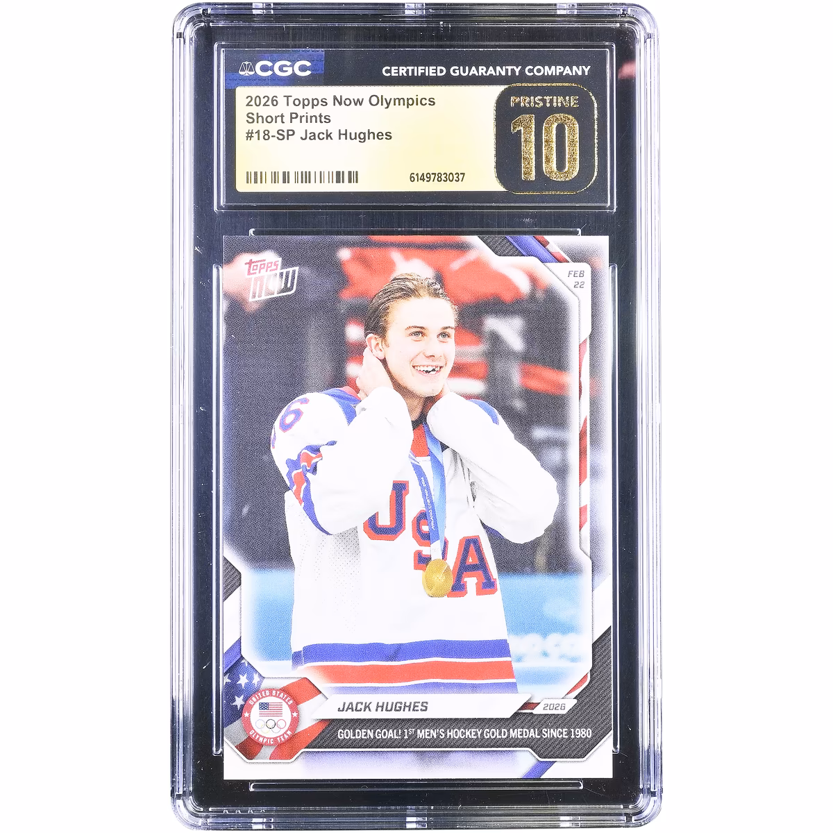 Jack Hughes Team USA 2026 Topps Now Olympics Golden Goal! 1st Men's Hockey Gold Medal Since 1980 Short Print #18-SP CGC Authenticated PRISTINE 10 Card 5 Jack Hughes Team USA 2026 Topps Now Olympics Golden Goal! 1st Men's Hockey Gold Medal Since 1980 Short Print #18-SP CGC Authenticated PRISTINE 10 Card