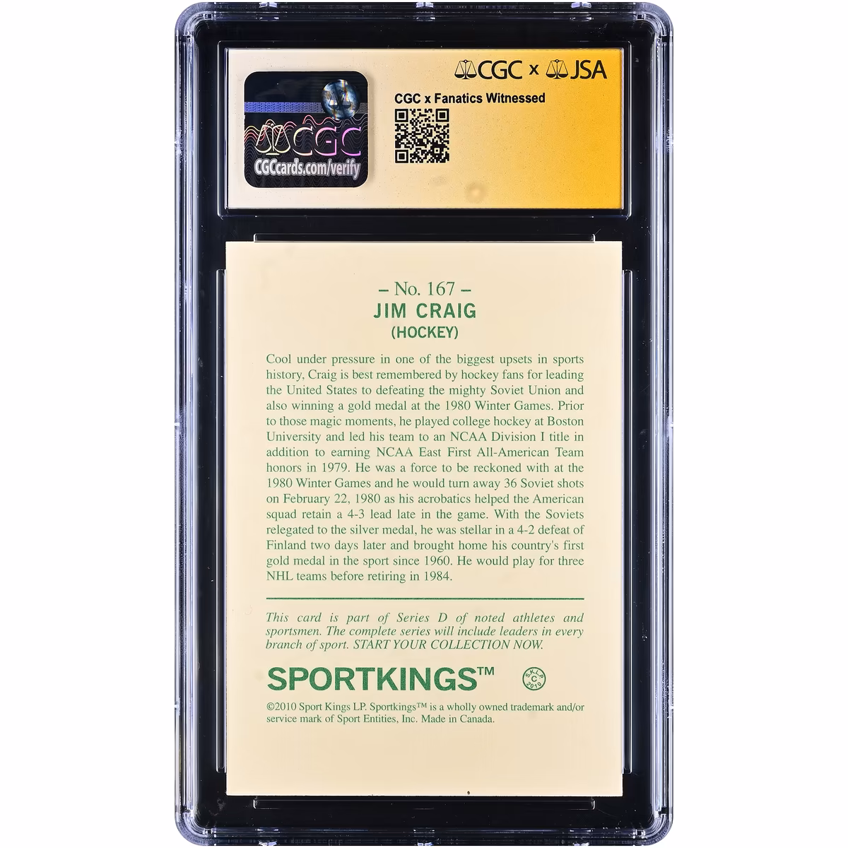 Jim Craig US Hockey Autographed 2010 Sportkings Series D #167 CGC Fanatics Witnessed Authenticated MINT+ 9.5 Card 2 Jim Craig US Hockey Autographed 2010 Sportkings Series D #167 CGC Fanatics Witnessed Authenticated MINT+ 9.5 Card