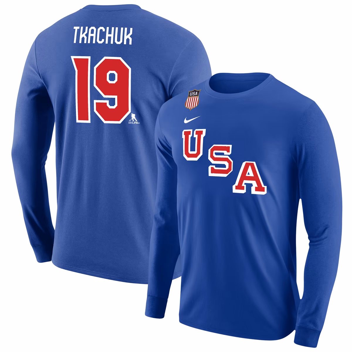 Men's Nike Matthew Tkachuk Royal US Hockey 2026 Name & Number Long Sleeve T-Shirt 1 Men's Nike Matthew Tkachuk Royal US Hockey 2026 Name & Number Long Sleeve T-Shirt