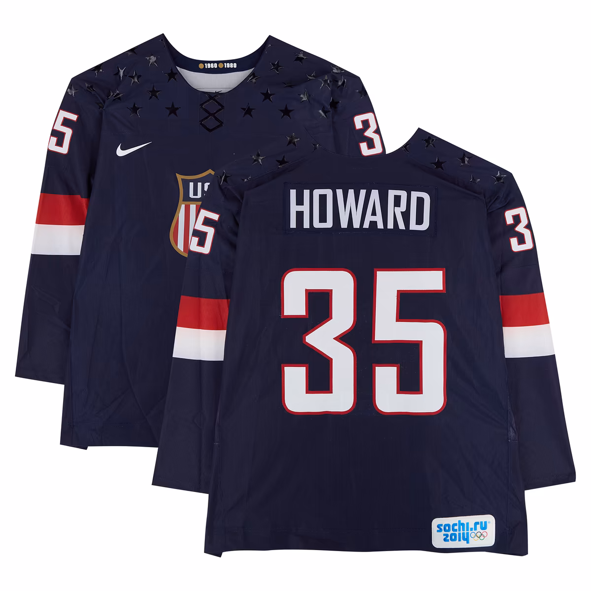 Jimmy Howard Team USA Game-Used #35 Navy Nike Jersey vs. Team Russia on February 15 during the 2014 Olympic Games - Worn During the First Period 2 Jimmy Howard Team USA Game-Used #35 Navy Nike Jersey vs. Team Russia on February 15 during the 2014 Olympic Games - Worn During the First Period