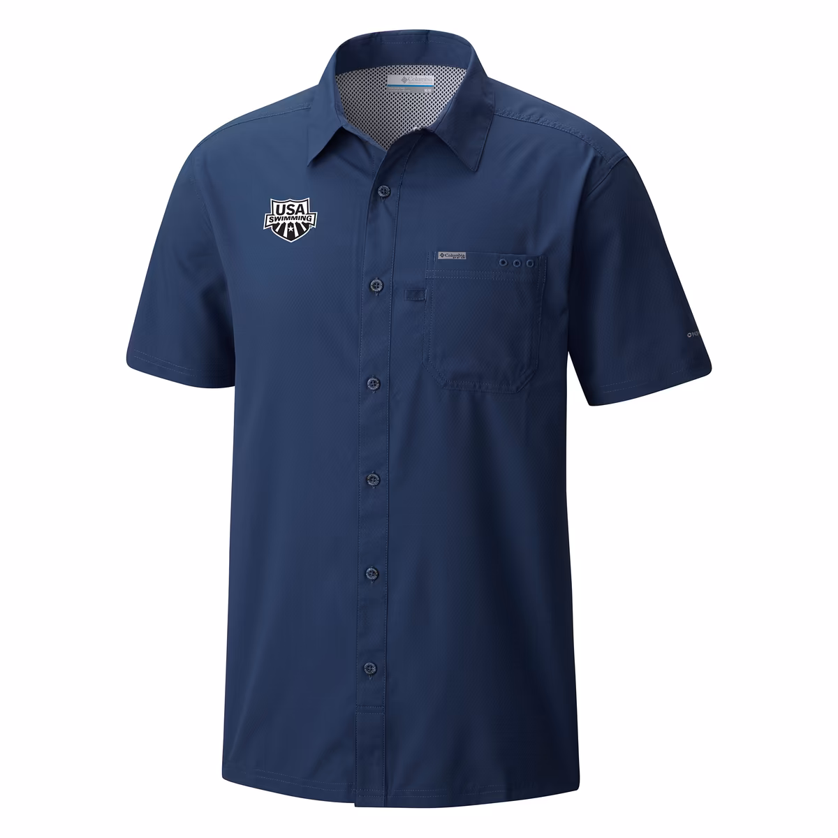 Men's Columbia Navy USA Swimming Slack Tide Button-Up Camp Shirt