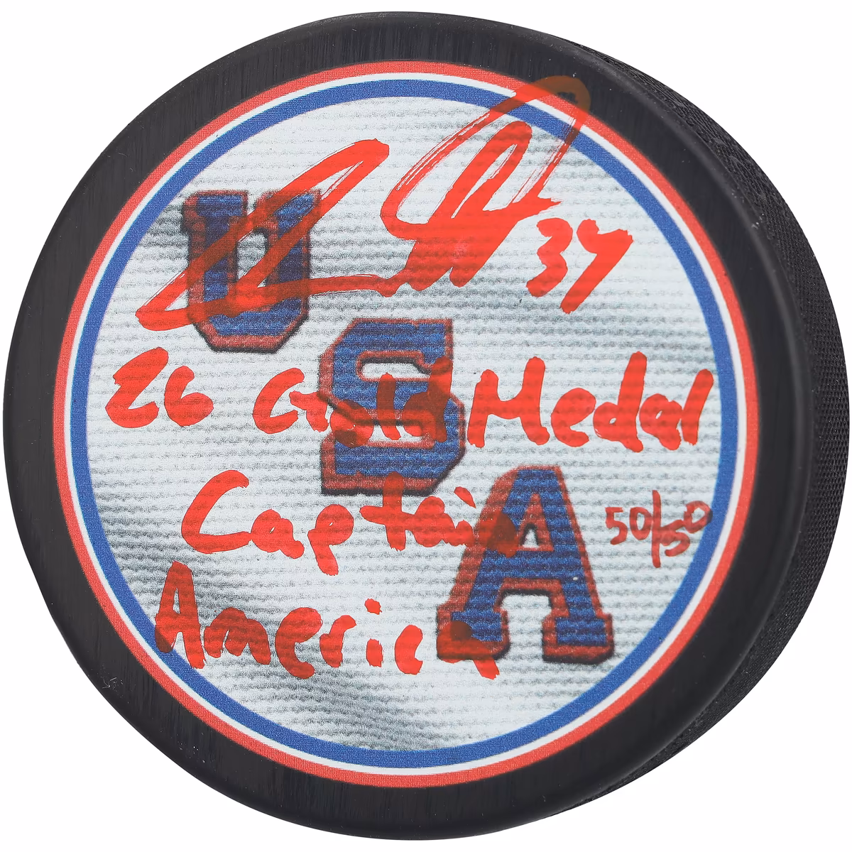 Auston Matthews US Hockey Autographed 2026 Olympic Hockey Puck with Multiple Inscriptions - Limited Edition #50/50