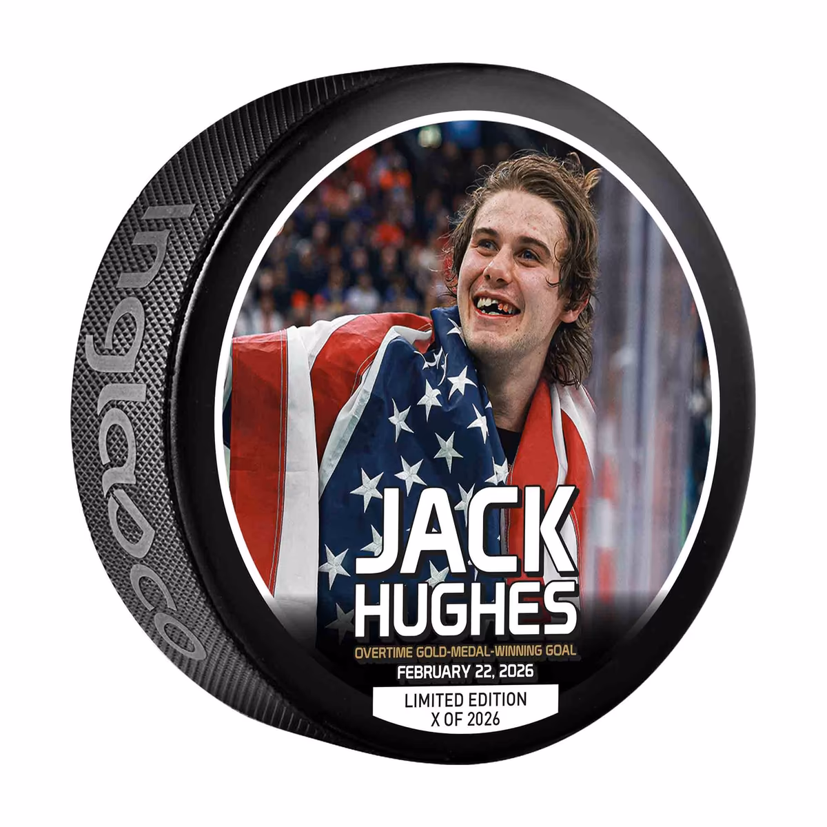Jack Hughes Team USA Inglasco 2026 Winter Olympics Gold Medal Winning Celebration Hockey Puck - Limited Edition of 2026