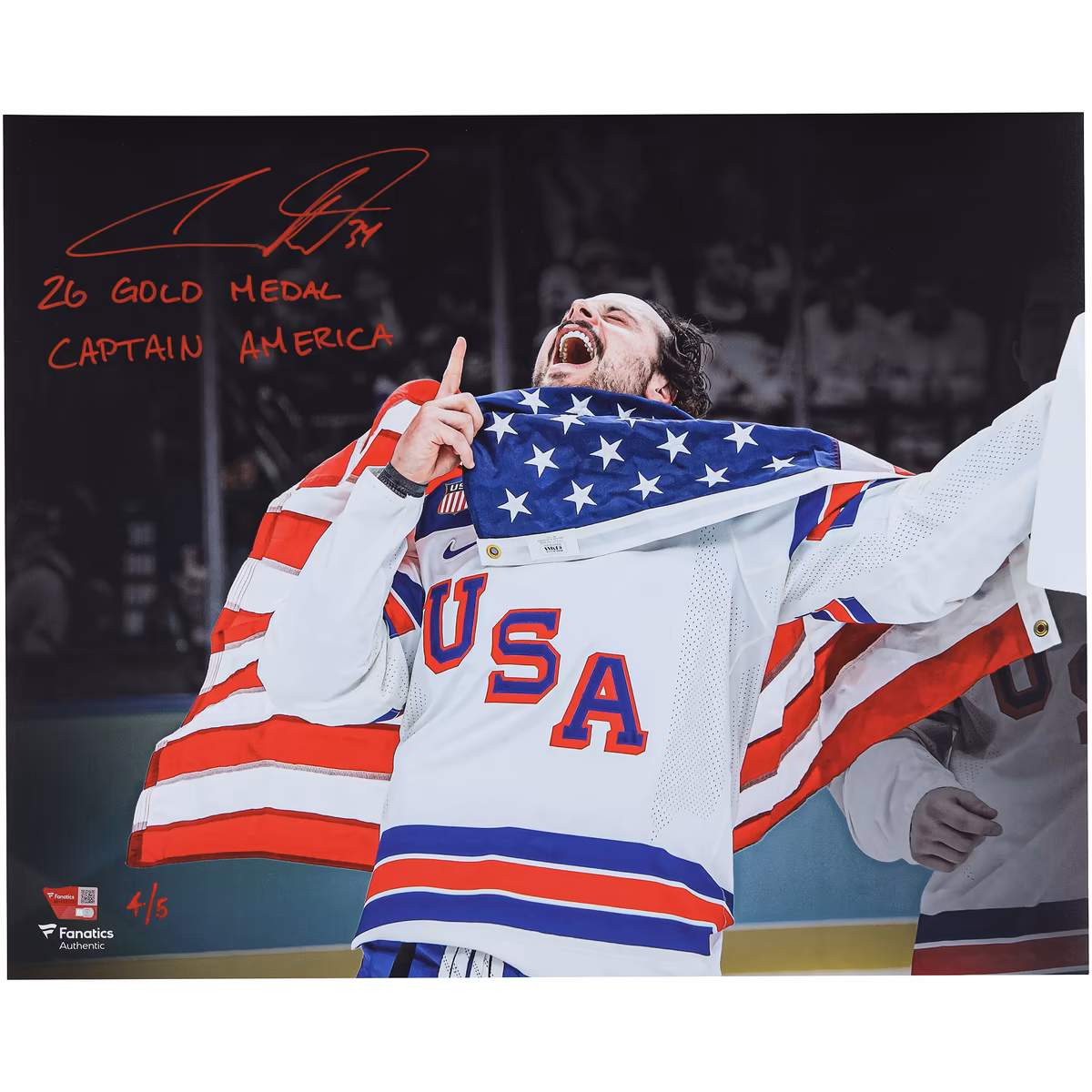 Auston Matthews Team USA Autographed 16" x 20" 2026 Olympic Gold Medal Winner Photograph with Multiple Inscriptions - Limited Edition of 5 - Signed in Red
