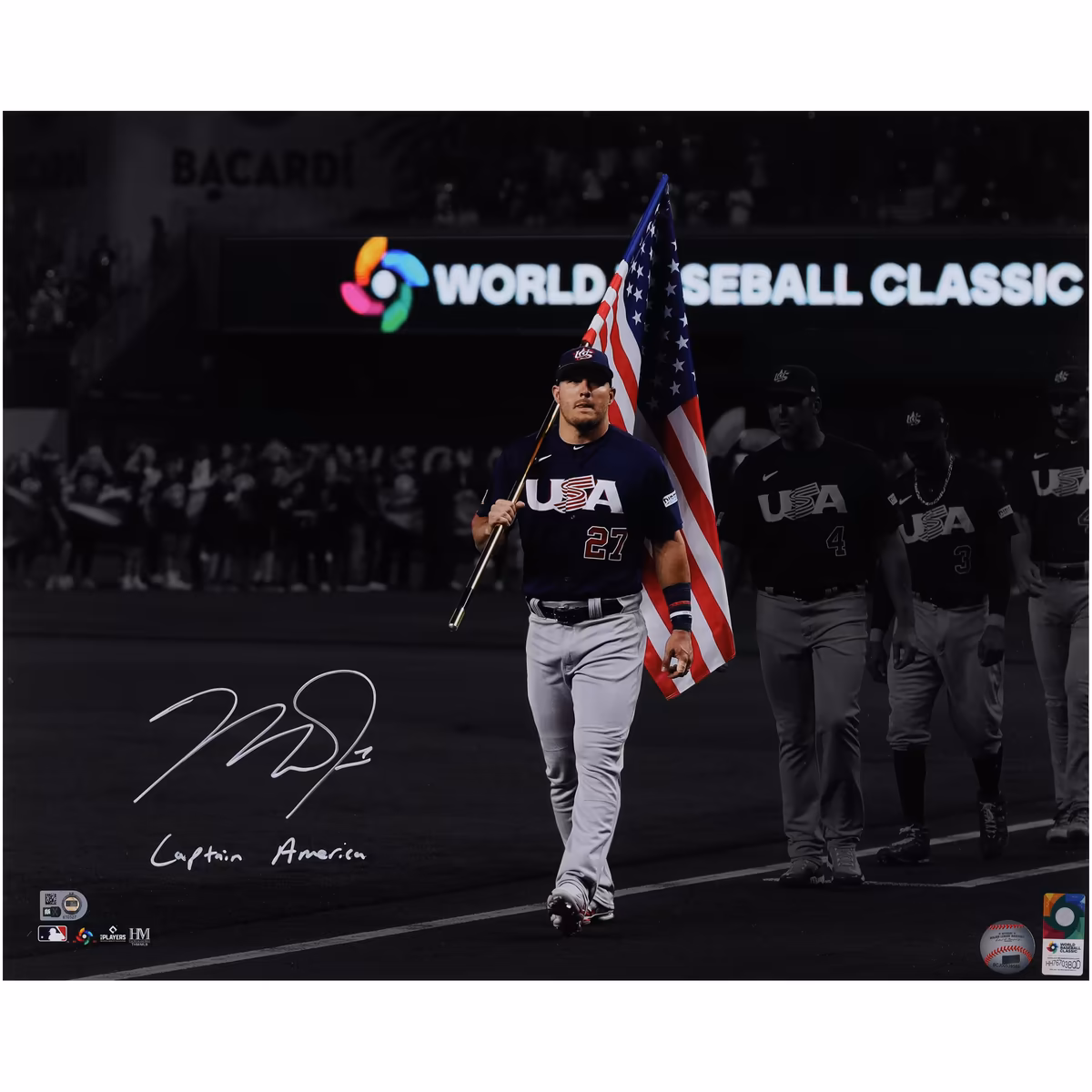 Mike Trout USA Baseball Autographed 16" x 20" Holding Flag Photograph with "Captain America" Inscription