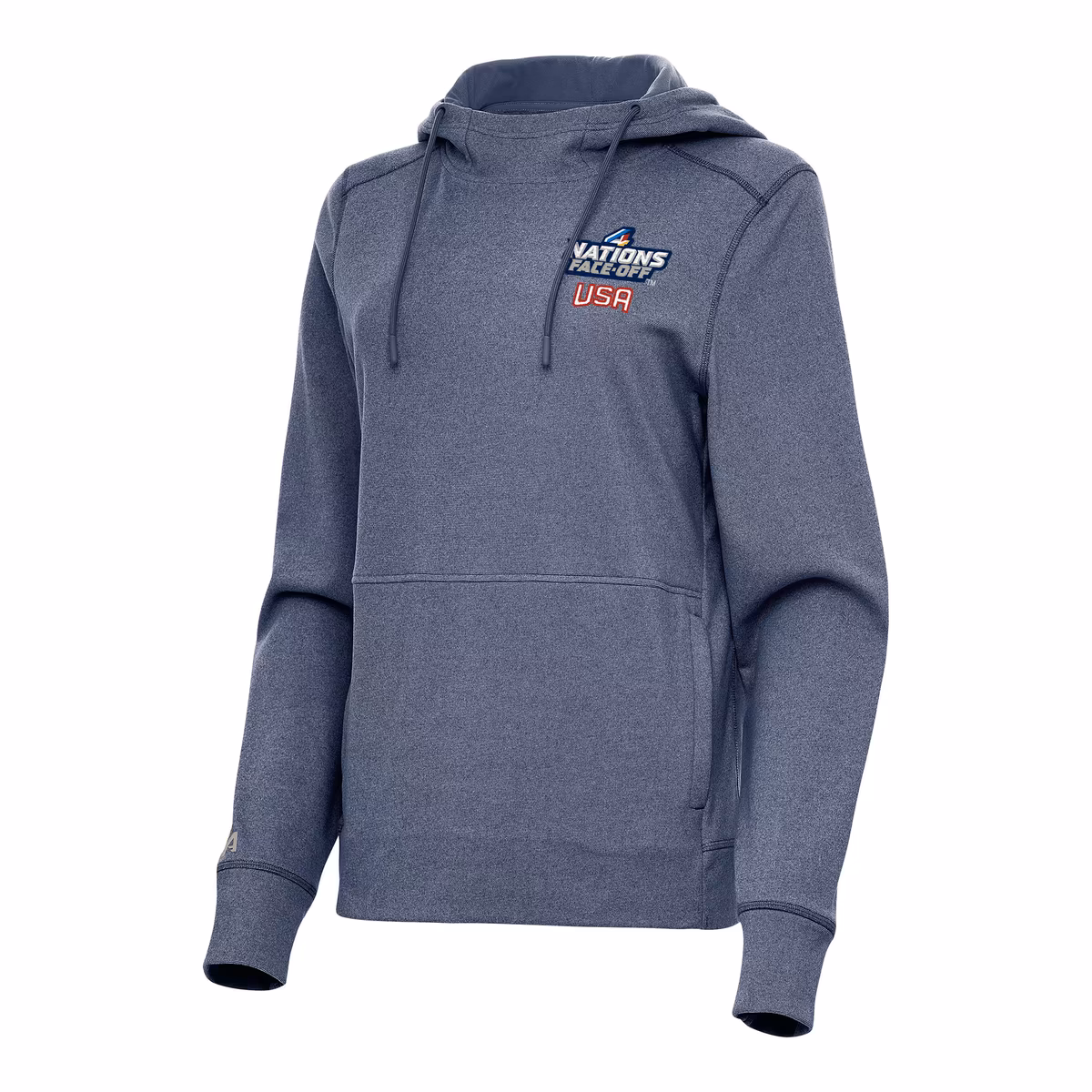 Women's Antigua Heather Navy USA Hockey 2025 4 Nations Face Off Justice Pullover Hoodie