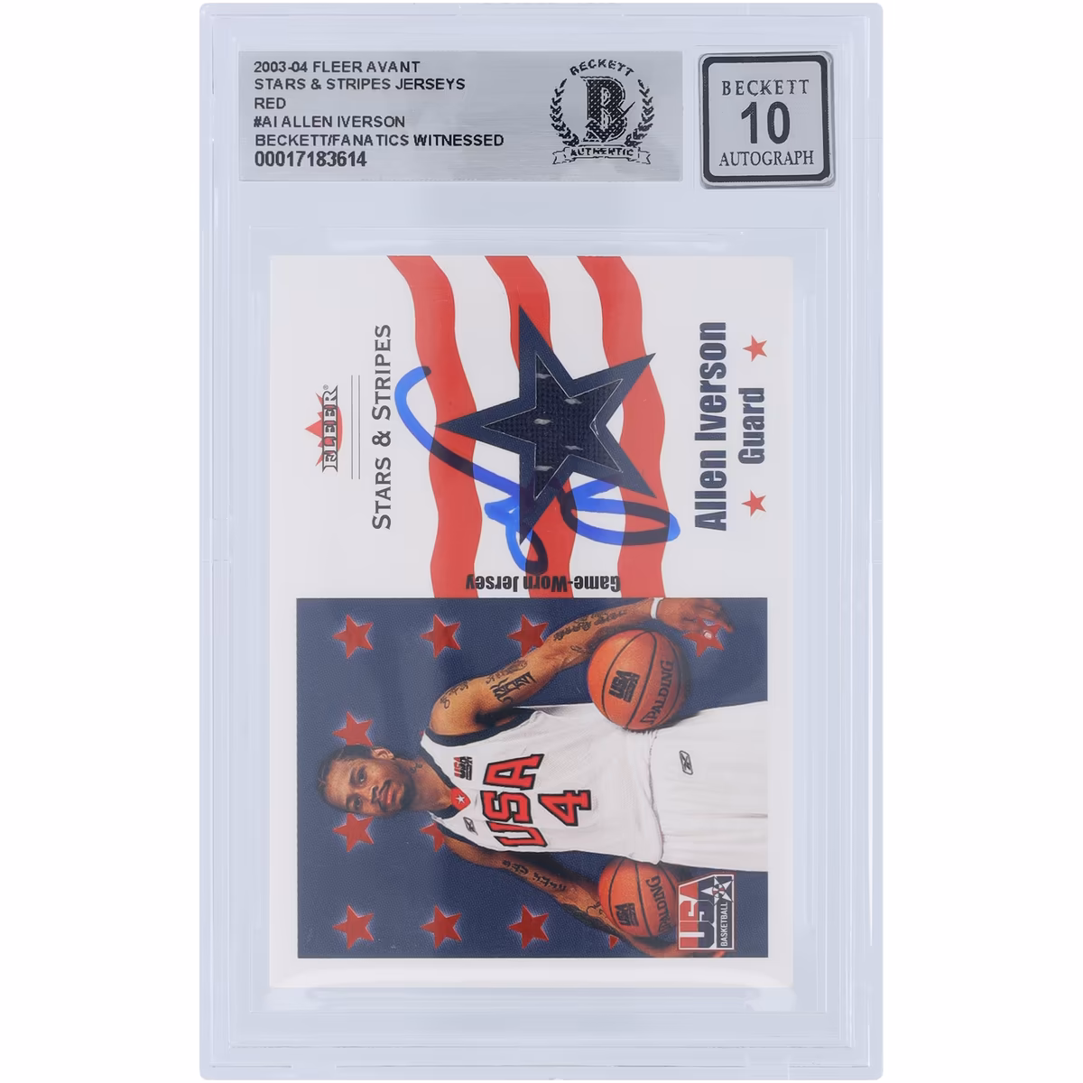 Allen Iverson USA Basketball Autographed 2003-04 Fleer Avant Stars & Stripes Jerseys Red Relic #SSA-AI #/100 Beckett Fanatics Witnessed Authenticated 10 Card 1 Allen Iverson USA Basketball Autographed 2003-04 Fleer Avant Stars & Stripes Jerseys Red Relic #SSA-AI #/100 Beckett Fanatics Witnessed Authenticated 10 Card