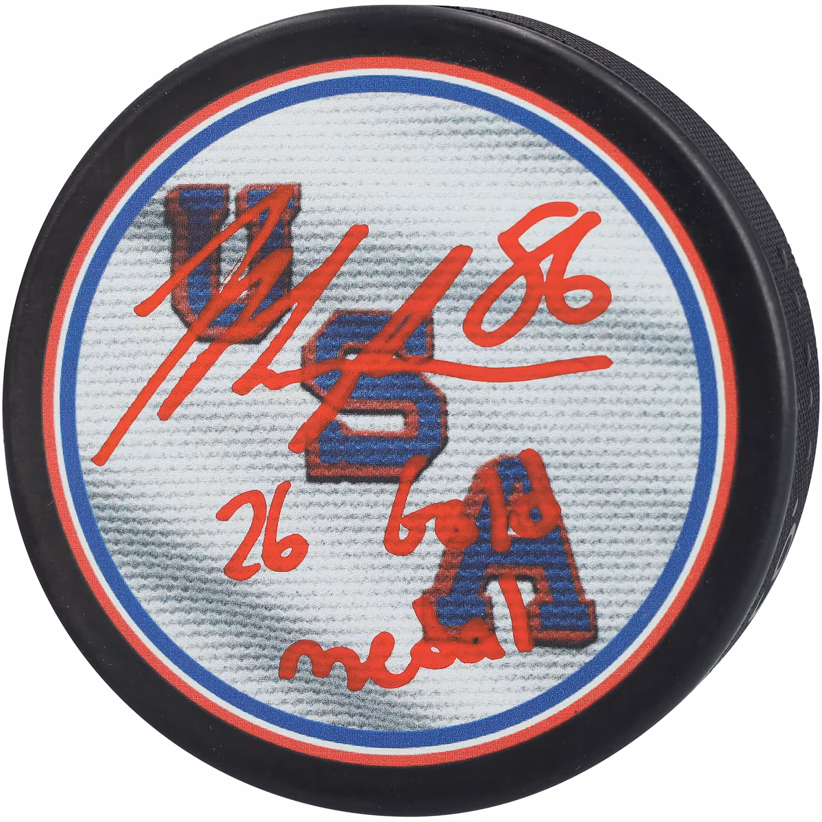 Jack Hughes Team USA Autographed 2026 Winter Olympics Hockey Puck with "26 Gold Medal" Inscription