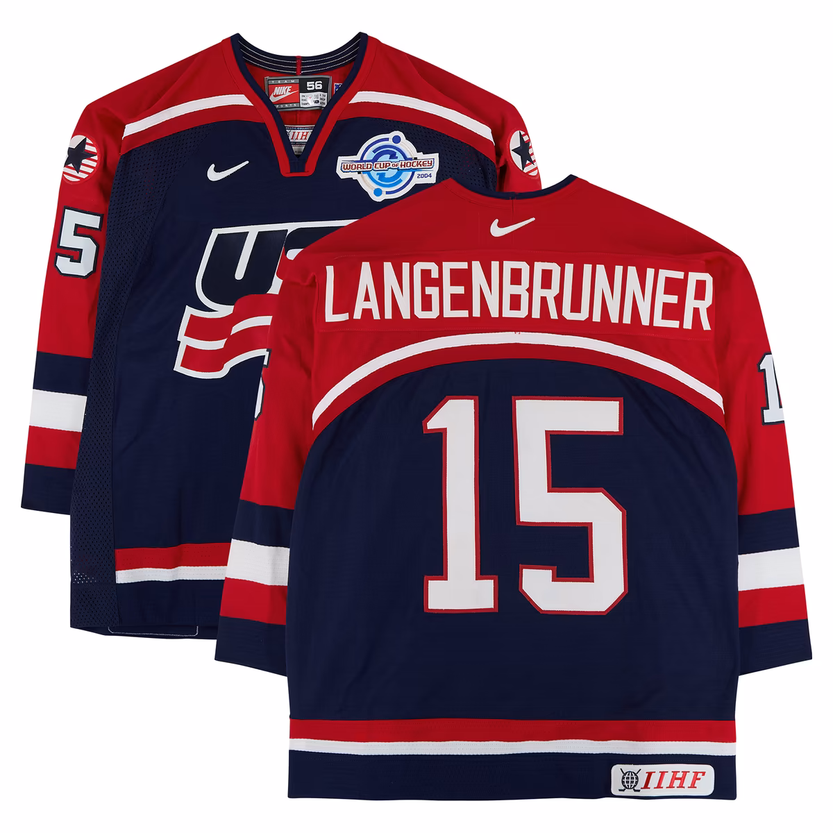 Jamie Langenbrunner Team USA Game-Used #15 Navy Nike Jersey vs. Team Slovakia on September 3 during the 2004 World Cup of Hockey 1 Jamie Langenbrunner Team USA Game-Used #15 Navy Nike Jersey vs. Team Slovakia on September 3 during the 2004 World Cup of Hockey