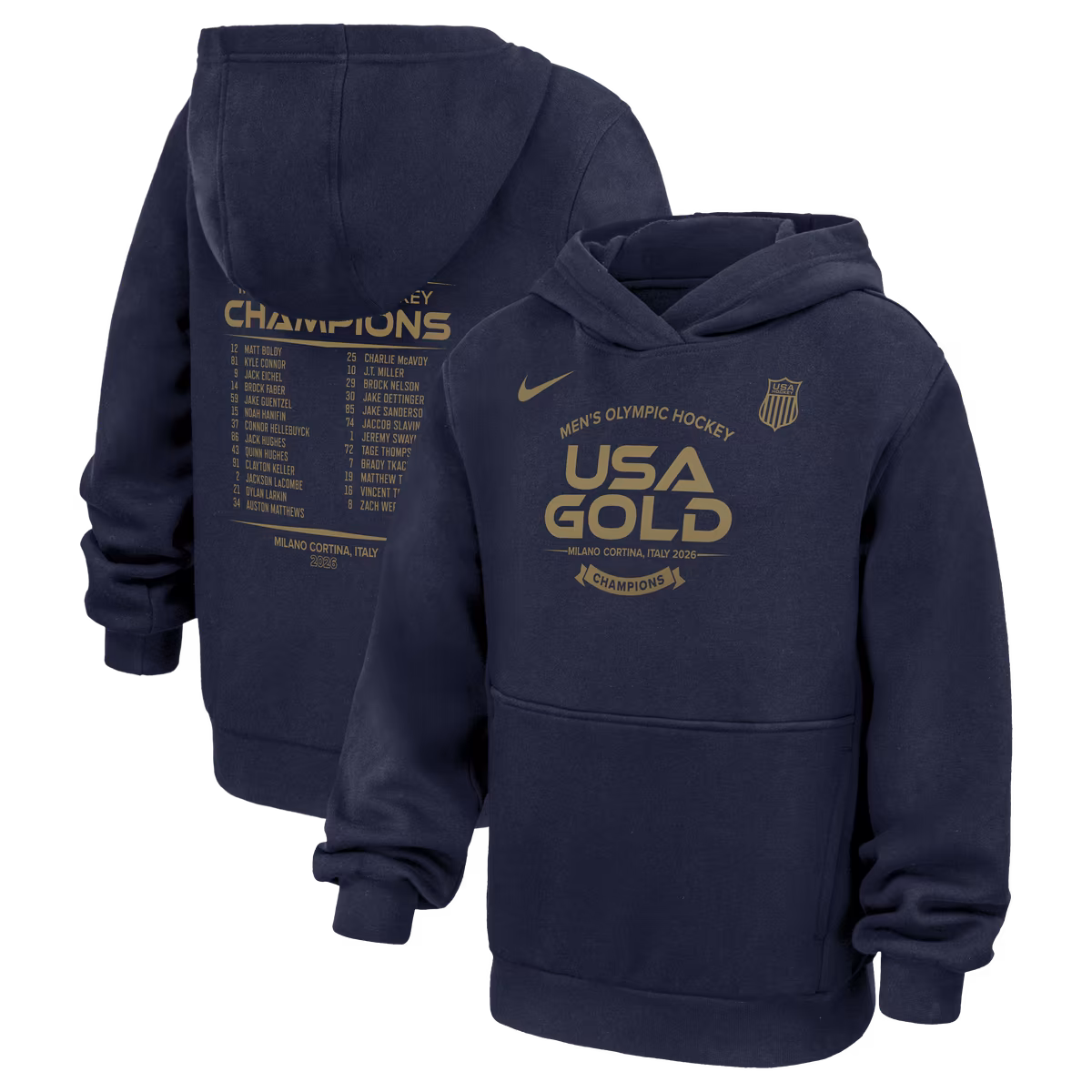 Youth Nike Navy USA Men's Hockey 2026 Winter Olympics Gold Medal Roster Club Fleece Hoodie